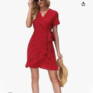 Kate Kasin Red White Polka Dots Wrap Dress Sz Small Ruffle Short Sleeve Cocktail